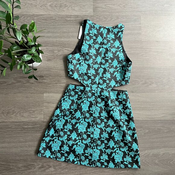 NWT HUTCH Teal & Black Jacquard Cut Out Mini Sleeveless Dress - Picture 2 of 13